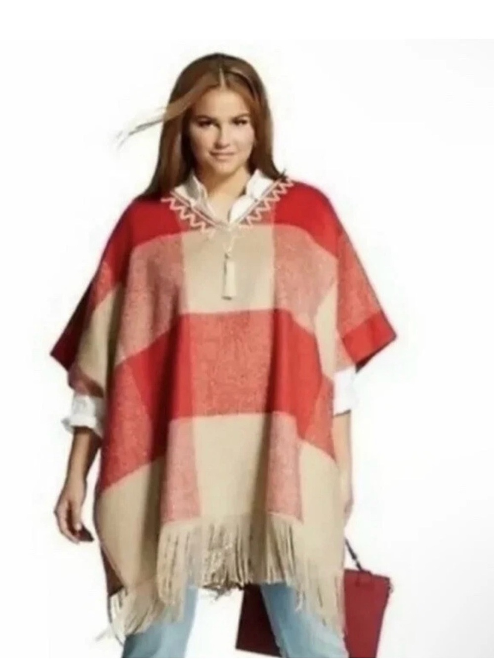 Adam Lippes Red and Cream Fringe Poncho size S/M